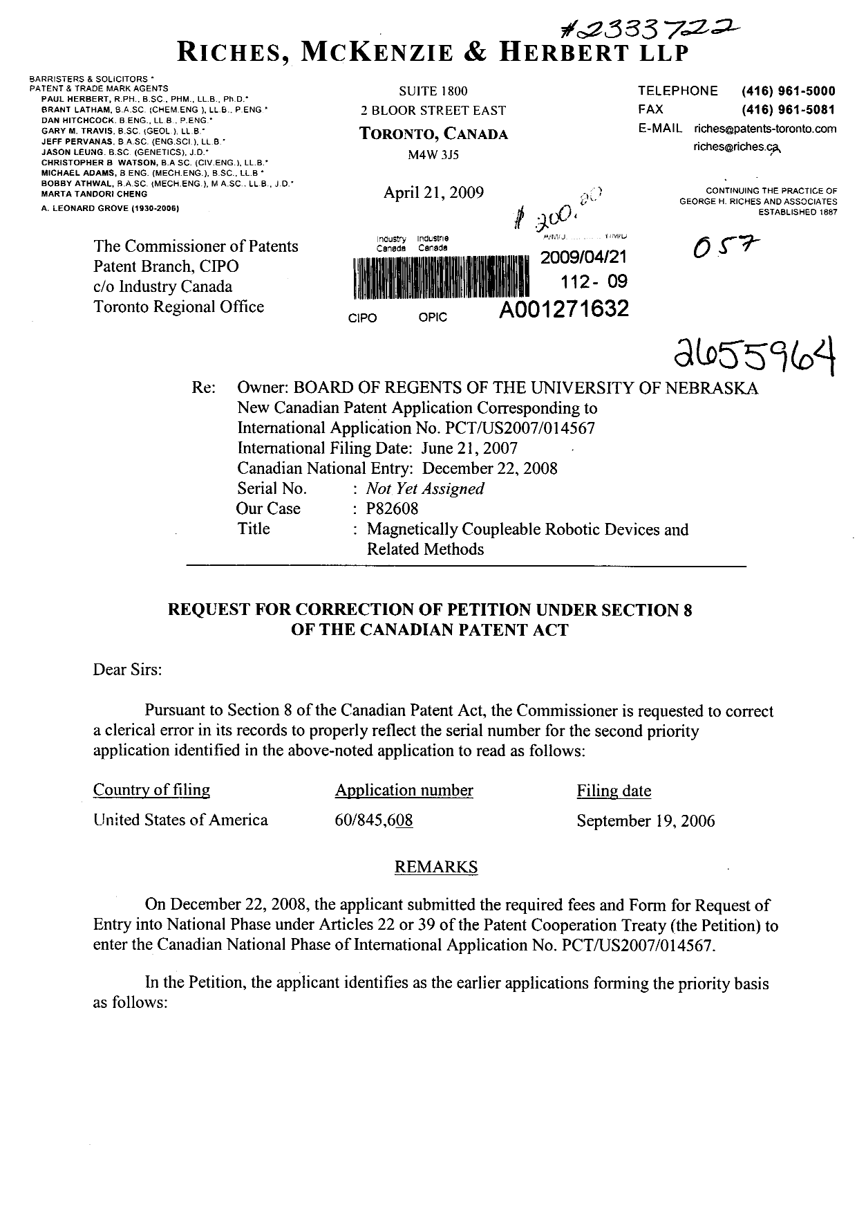 Document de brevet canadien 2655964. Correspondance 20090421. Image 1 de 66
