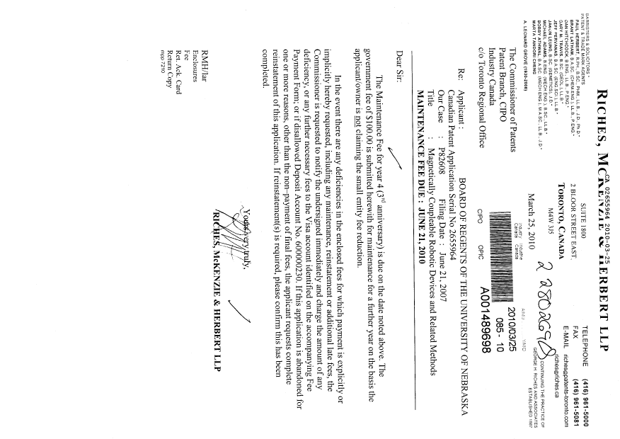Document de brevet canadien 2655964. Taxes 20100325. Image 1 de 1