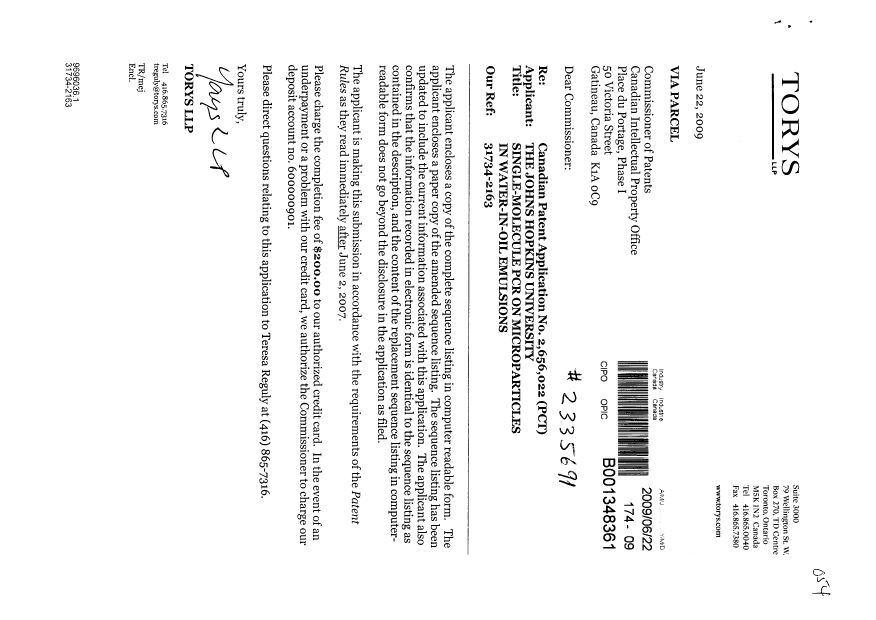 Document de brevet canadien 2656022. Correspondance 20090622. Image 1 de 1