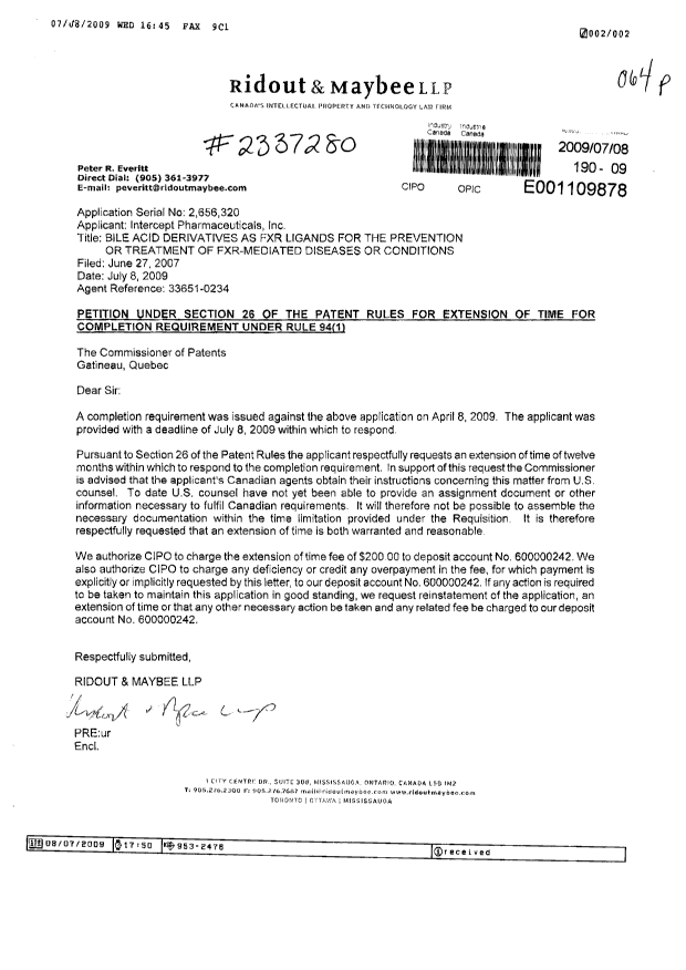 Canadian Patent Document 2656320. Correspondence 20090708. Image 1 of 2