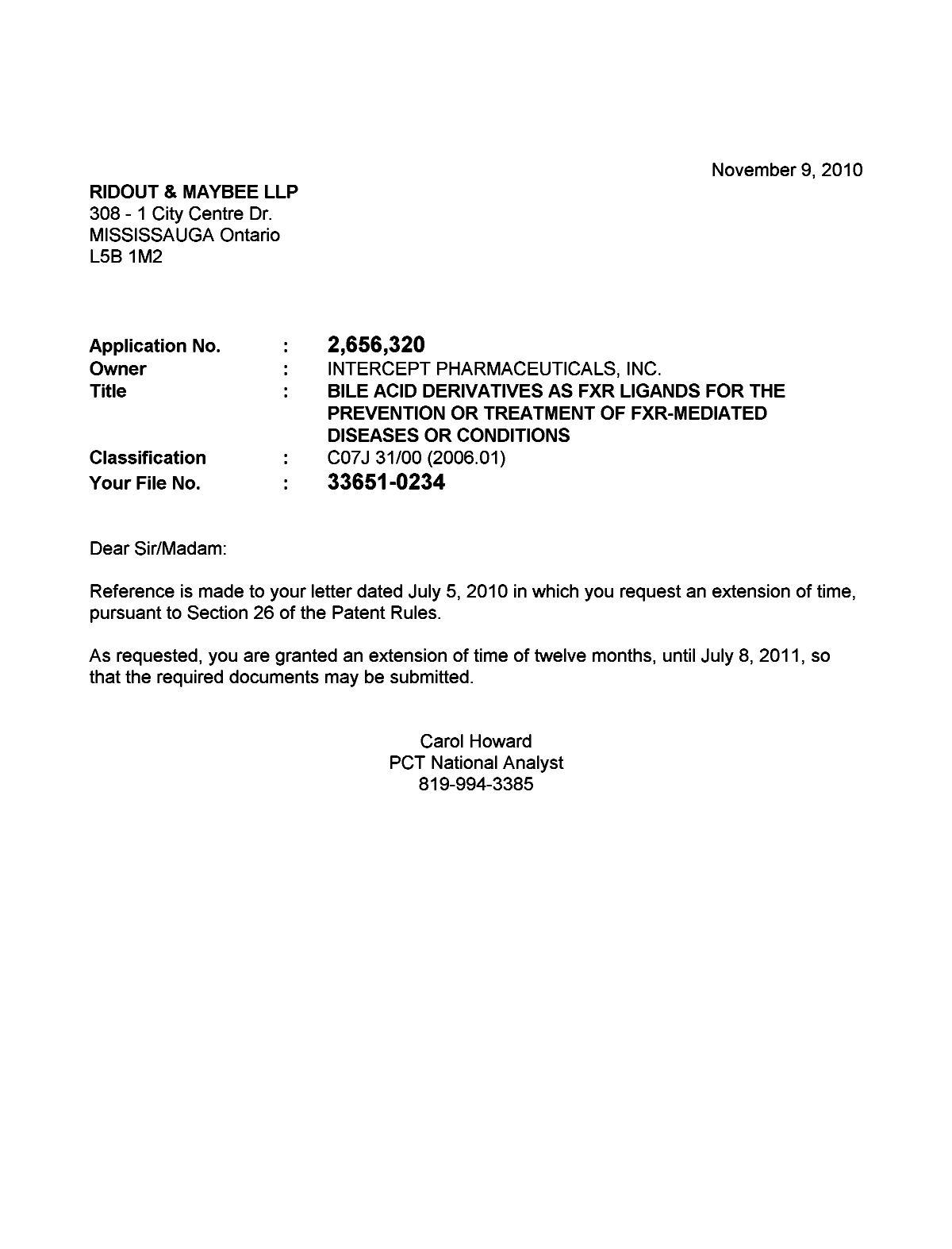 Canadian Patent Document 2656320. Correspondence 20101109. Image 1 of 1