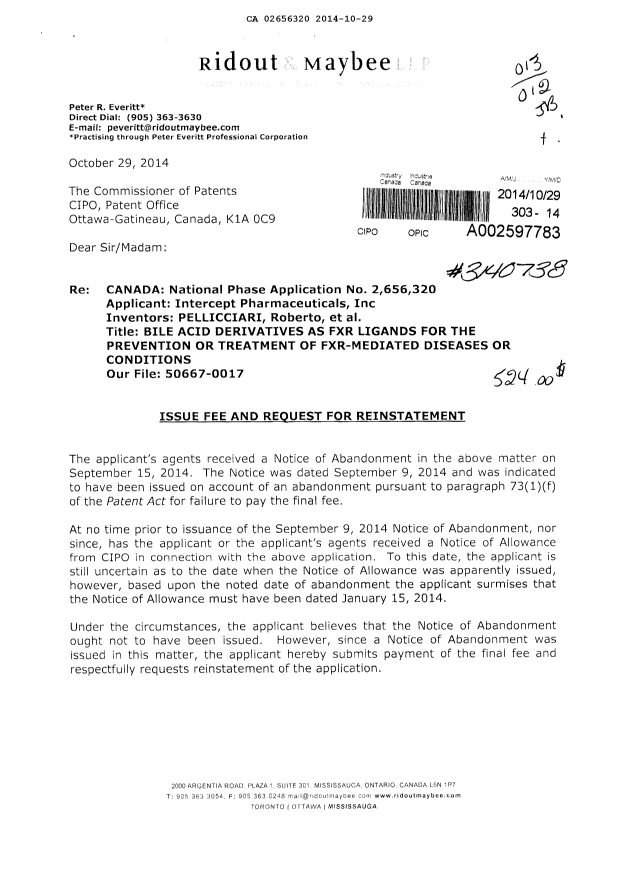 Canadian Patent Document 2656320. Correspondence 20141029. Image 1 of 3