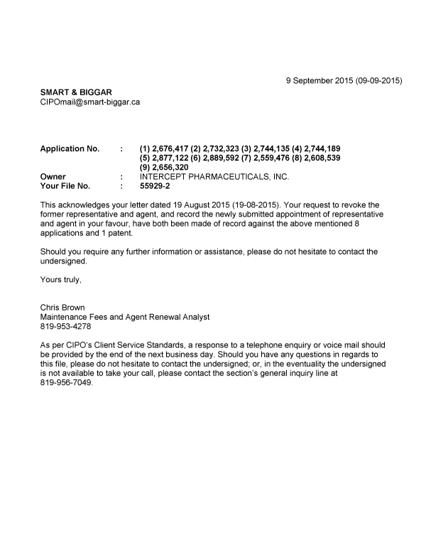 Document de brevet canadien 2656320. Correspondance 20150909. Image 1 de 1