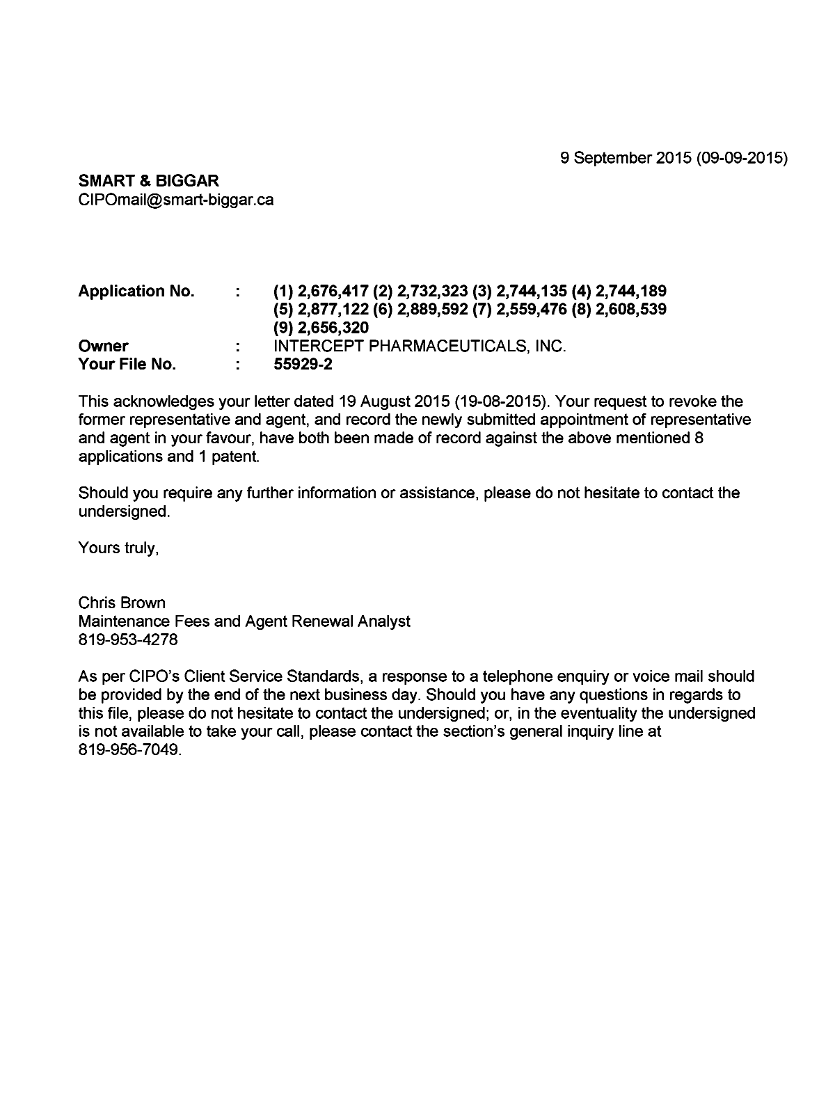 Canadian Patent Document 2656320. Correspondence 20150909. Image 1 of 1