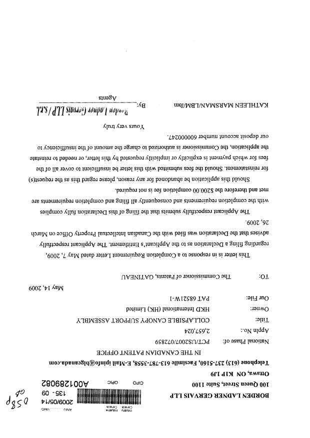 Canadian Patent Document 2657024. Correspondence 20090514. Image 1 of 1