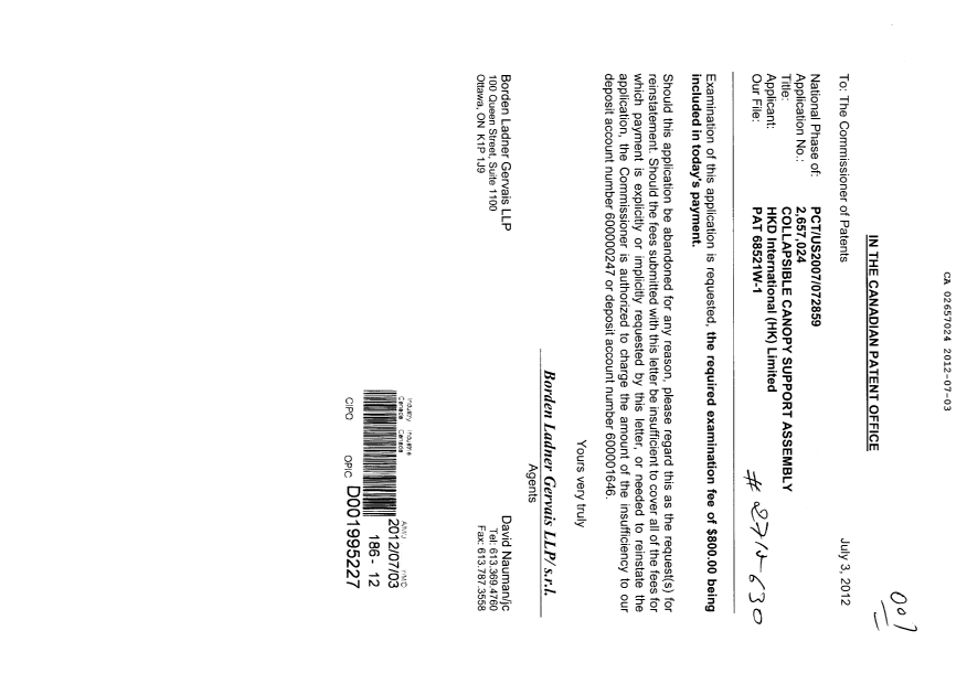 Document de brevet canadien 2657024. Poursuite-Amendment 20120703. Image 1 de 1