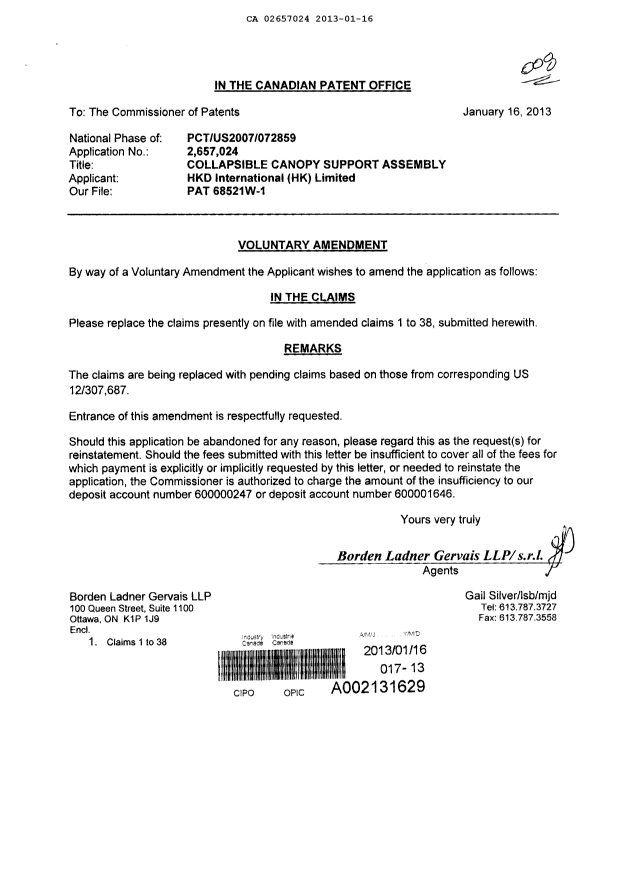 Canadian Patent Document 2657024. Prosecution-Amendment 20130116. Image 1 of 10