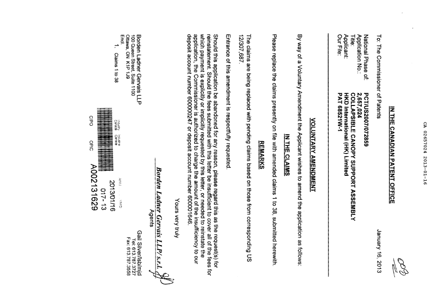 Document de brevet canadien 2657024. Poursuite-Amendment 20130116. Image 1 de 10