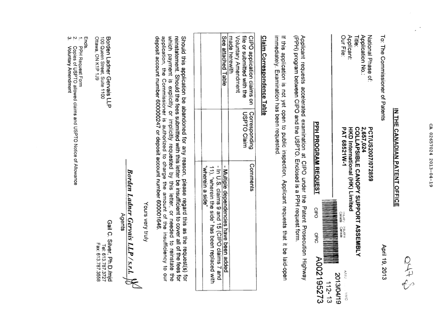 Document de brevet canadien 2657024. Poursuite-Amendment 20130419. Image 1 de 16