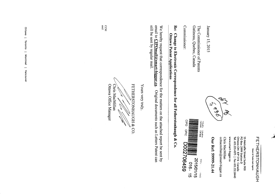 Document de brevet canadien 2657043. Correspondance 20150115. Image 1 de 2