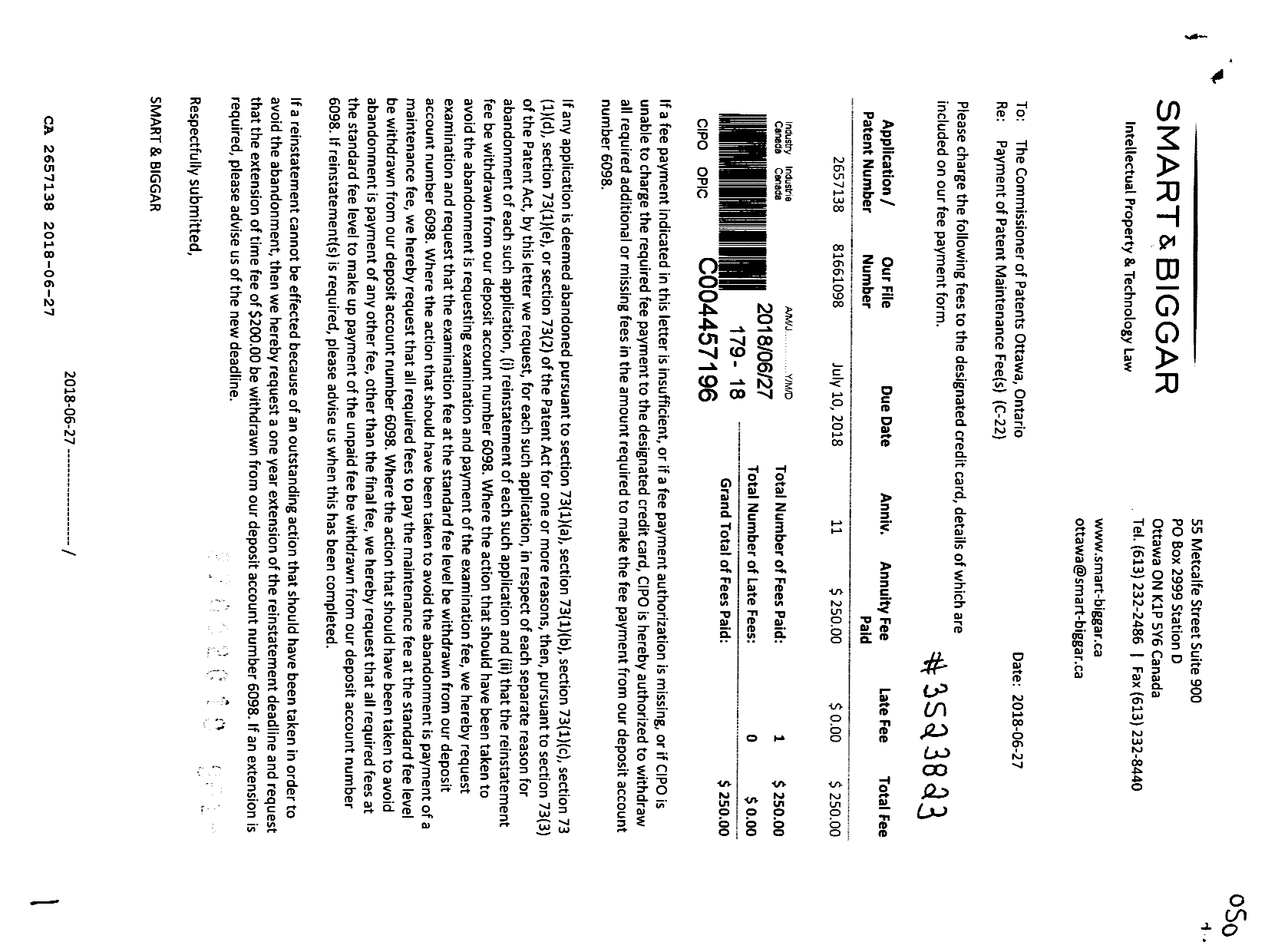 Document de brevet canadien 2657138. Taxes 20171227. Image 1 de 1