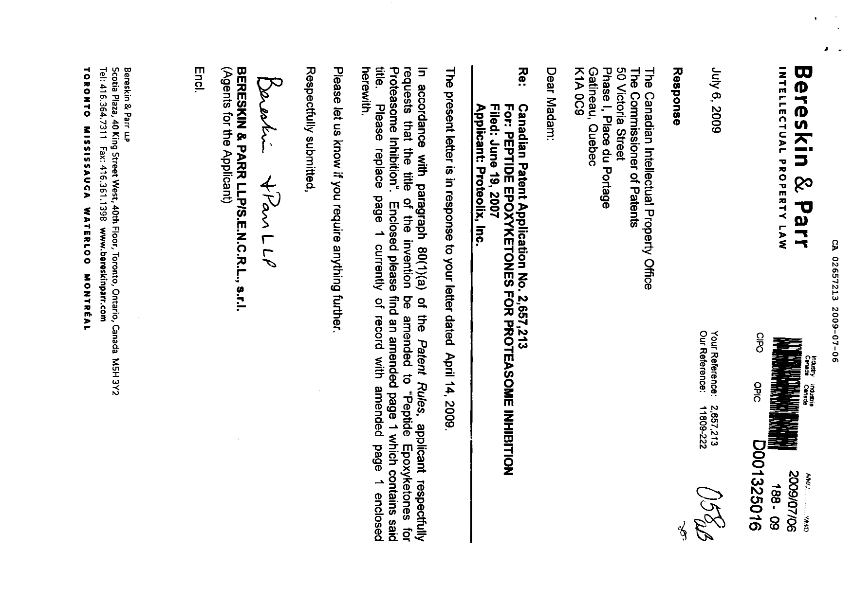 Canadian Patent Document 2657213. Correspondence 20090706. Image 1 of 2