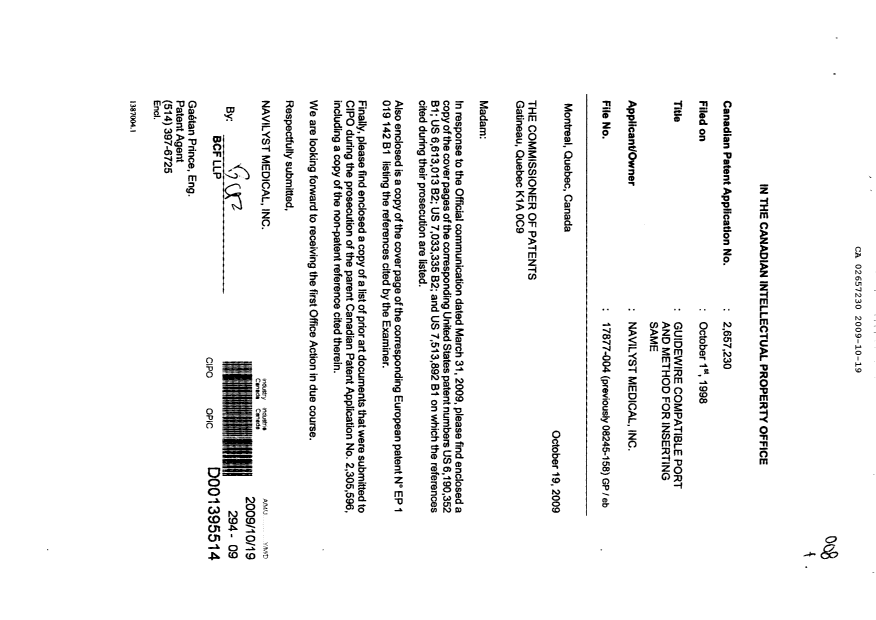 Document de brevet canadien 2657230. Poursuite-Amendment 20091019. Image 1 de 1