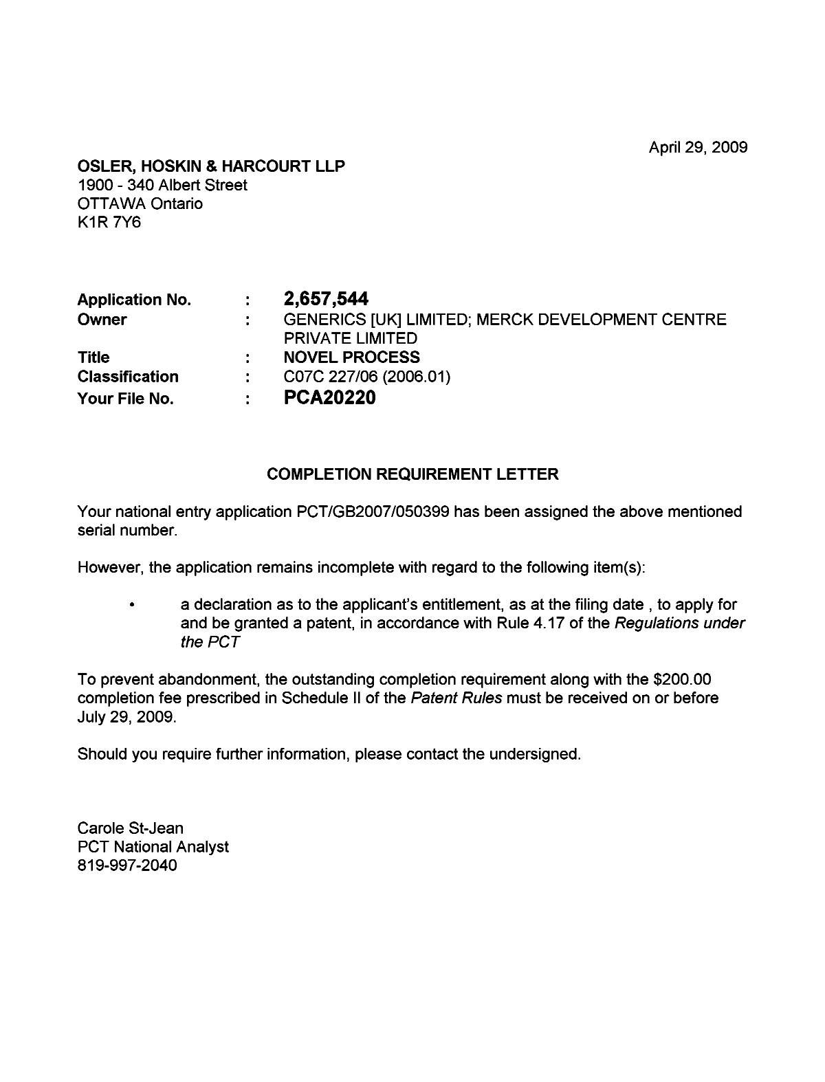 Document de brevet canadien 2657544. Correspondance 20090429. Image 1 de 1