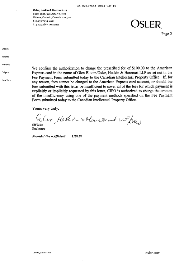 Document de brevet canadien 2657544. Correspondance 20111019. Image 2 de 4