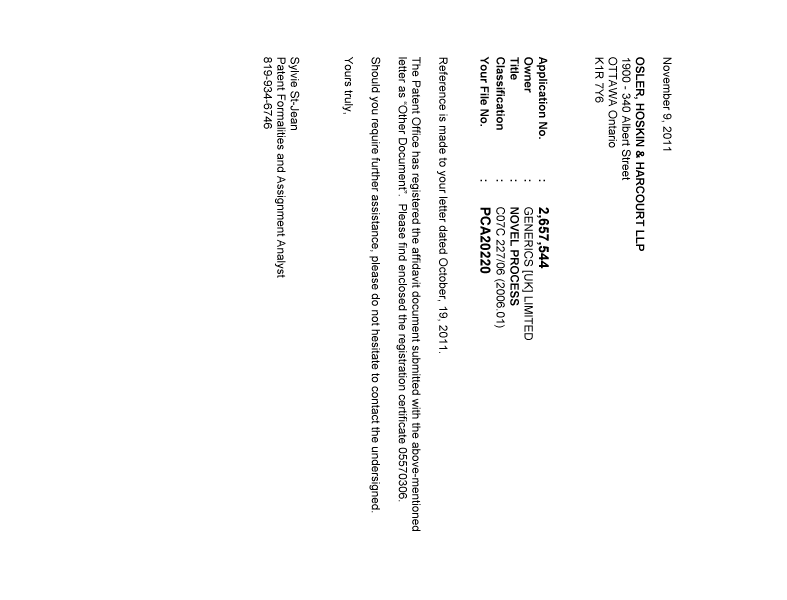 Document de brevet canadien 2657544. Correspondance 20111109. Image 1 de 1