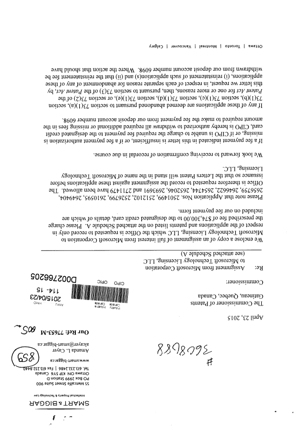 Canadian Patent Document 2657655. Assignment 20150423. Image 1 of 43