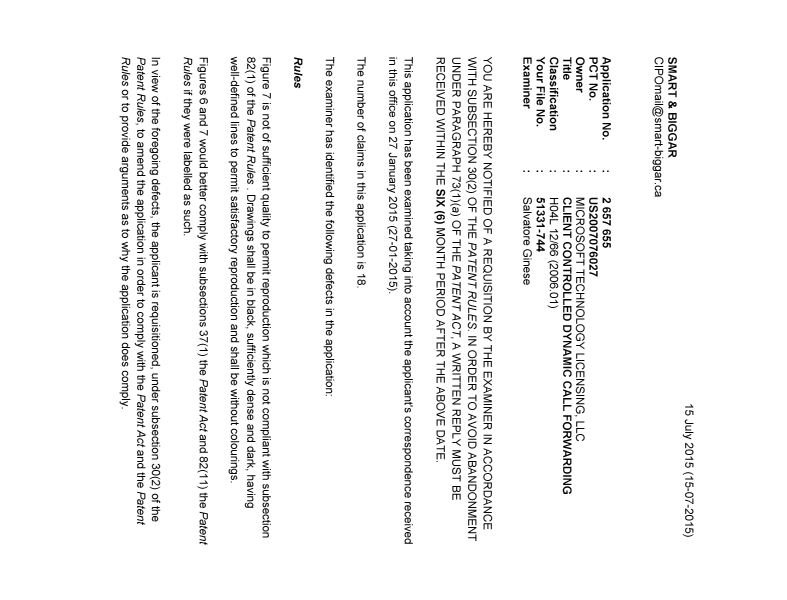 Document de brevet canadien 2657655. Demande d'examen 20150715. Image 1 de 3