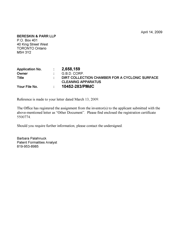 Document de brevet canadien 2658159. Correspondance 20090408. Image 1 de 1