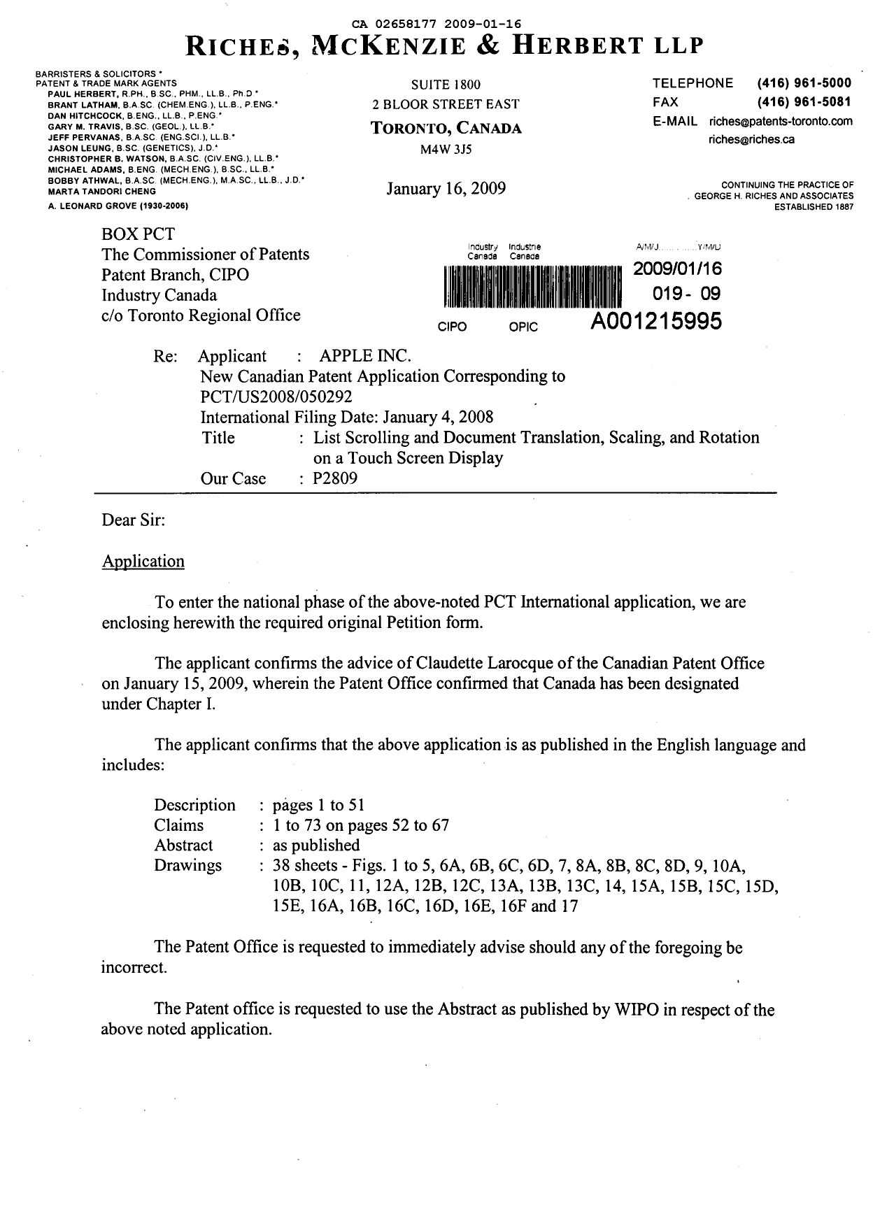 Canadian Patent Document 2658177. Assignment 20090116. Image 1 of 4