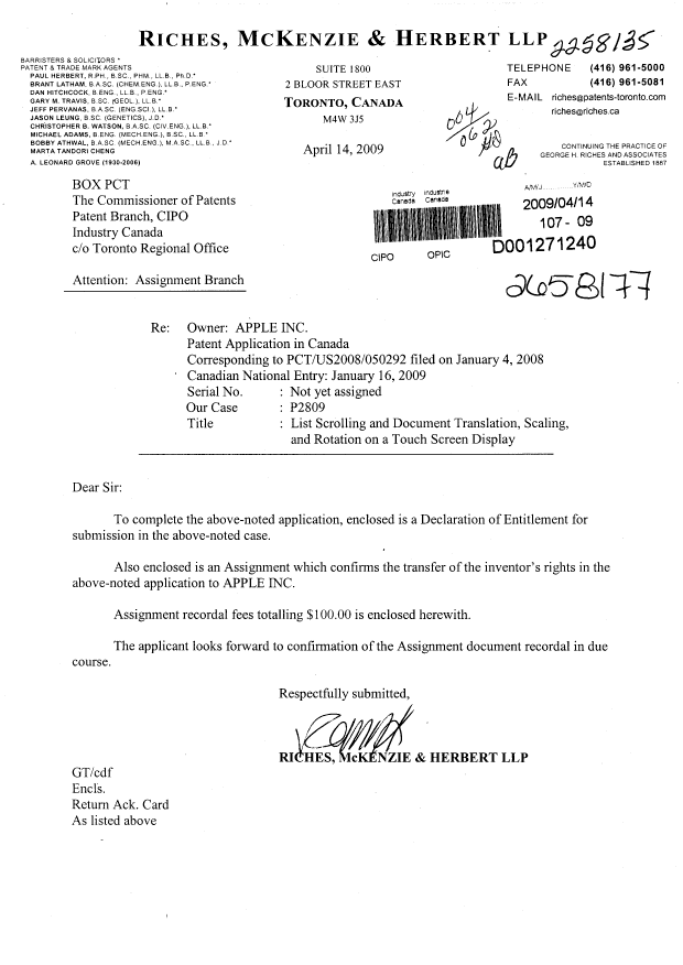 Document de brevet canadien 2658177. Correspondance 20090414. Image 1 de 2