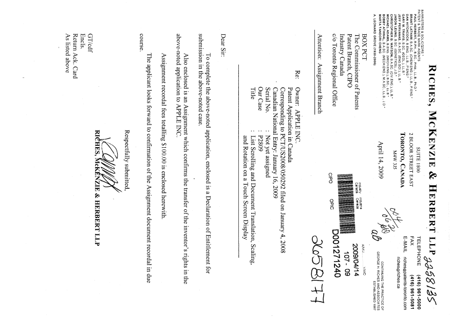 Canadian Patent Document 2658177. Correspondence 20090414. Image 1 of 2
