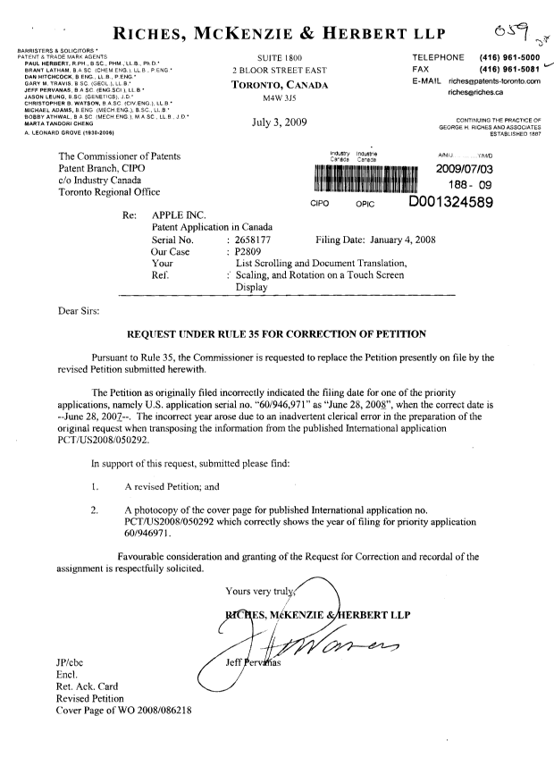 Canadian Patent Document 2658177. Correspondence 20090703. Image 1 of 3