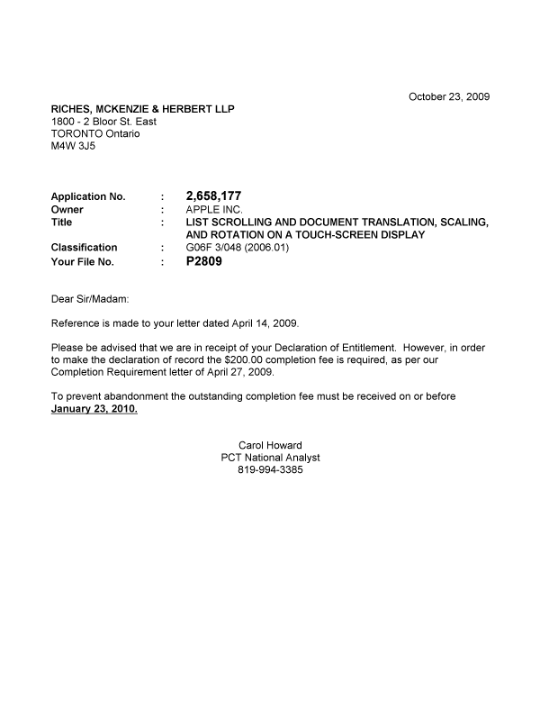 Document de brevet canadien 2658177. Correspondance 20091023. Image 1 de 1