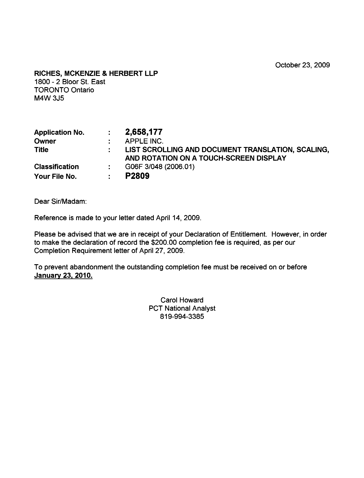 Canadian Patent Document 2658177. Correspondence 20091023. Image 1 of 1