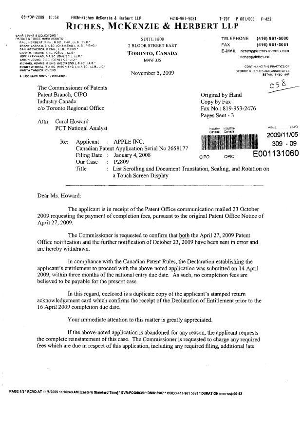 Document de brevet canadien 2658177. Correspondance 20091105. Image 1 de 3