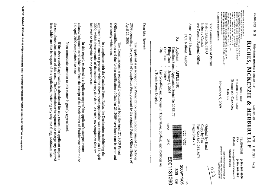 Canadian Patent Document 2658177. Correspondence 20091105. Image 1 of 3