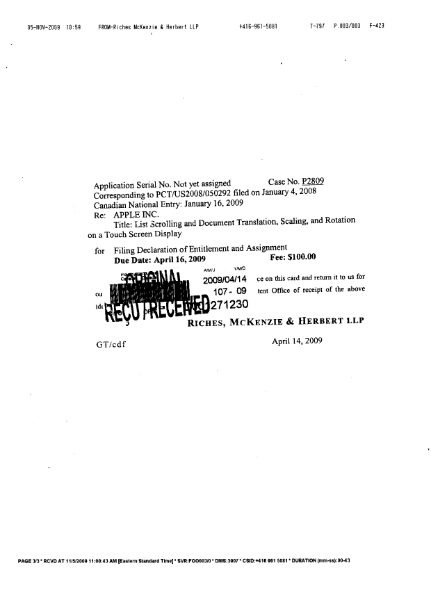 Canadian Patent Document 2658177. Correspondence 20091105. Image 3 of 3