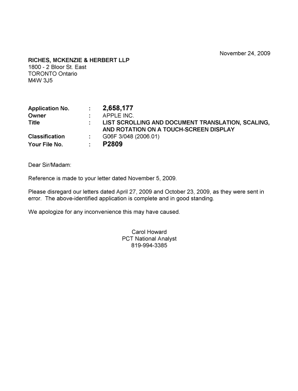Canadian Patent Document 2658177. Correspondence 20091124. Image 1 of 1