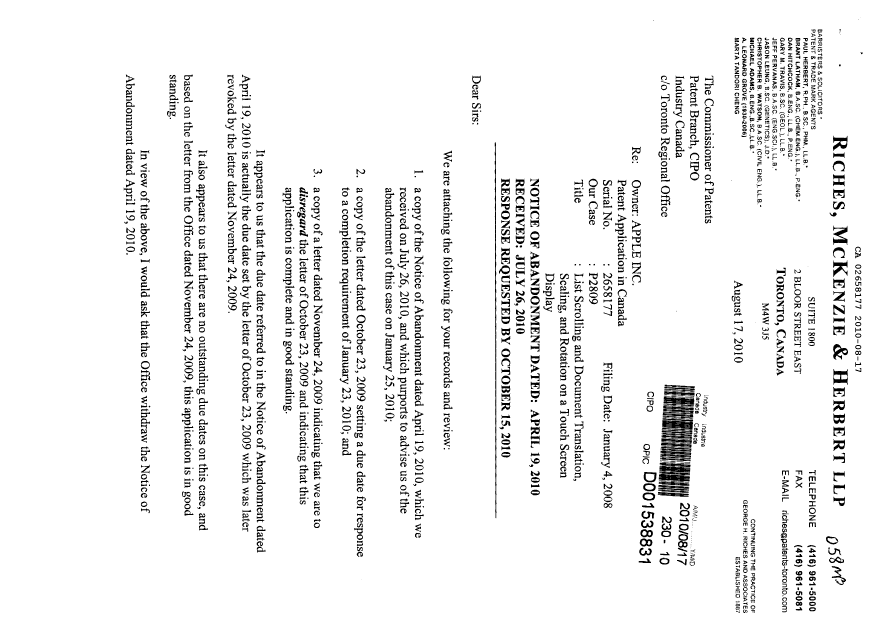 Canadian Patent Document 2658177. Correspondence 20100817. Image 1 of 5