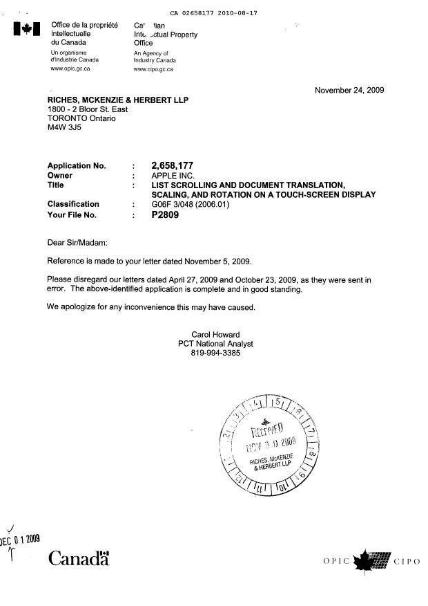 Canadian Patent Document 2658177. Correspondence 20100817. Image 5 of 5