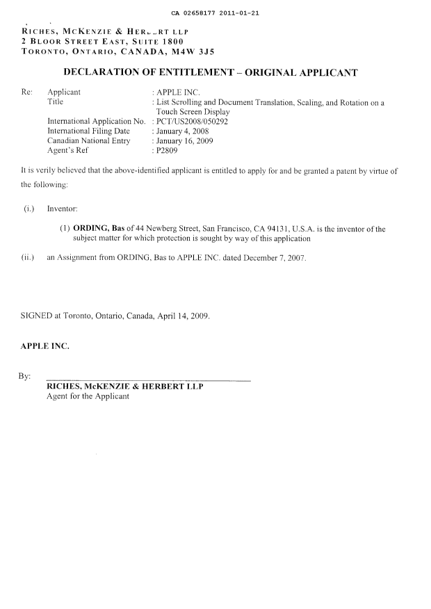 Canadian Patent Document 2658177. Correspondence 20110121. Image 11 of 11
