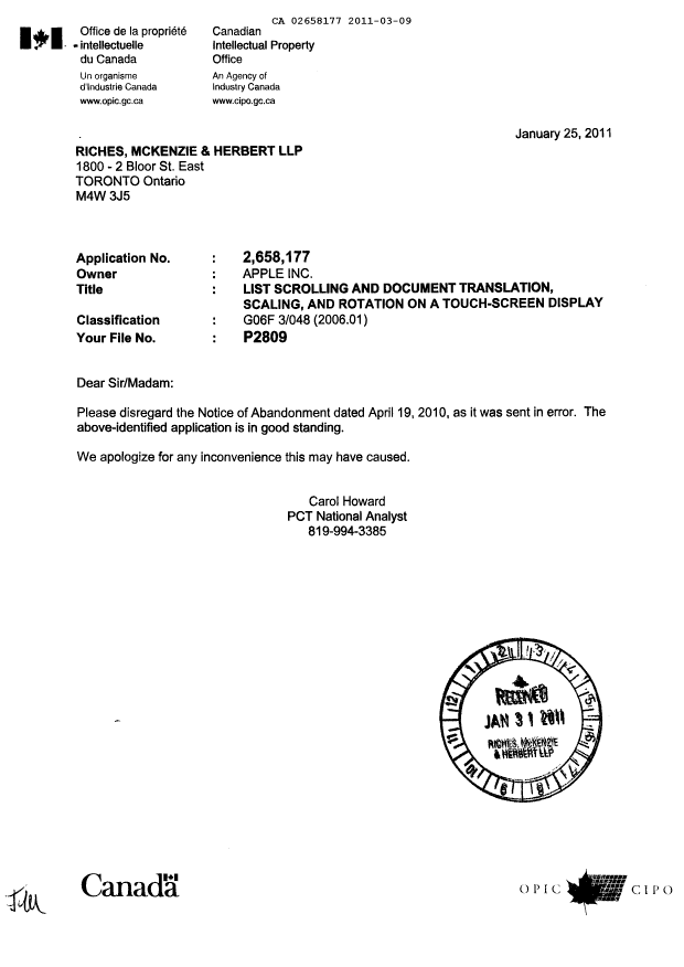 Canadian Patent Document 2658177. Correspondence 20110309. Image 2 of 2