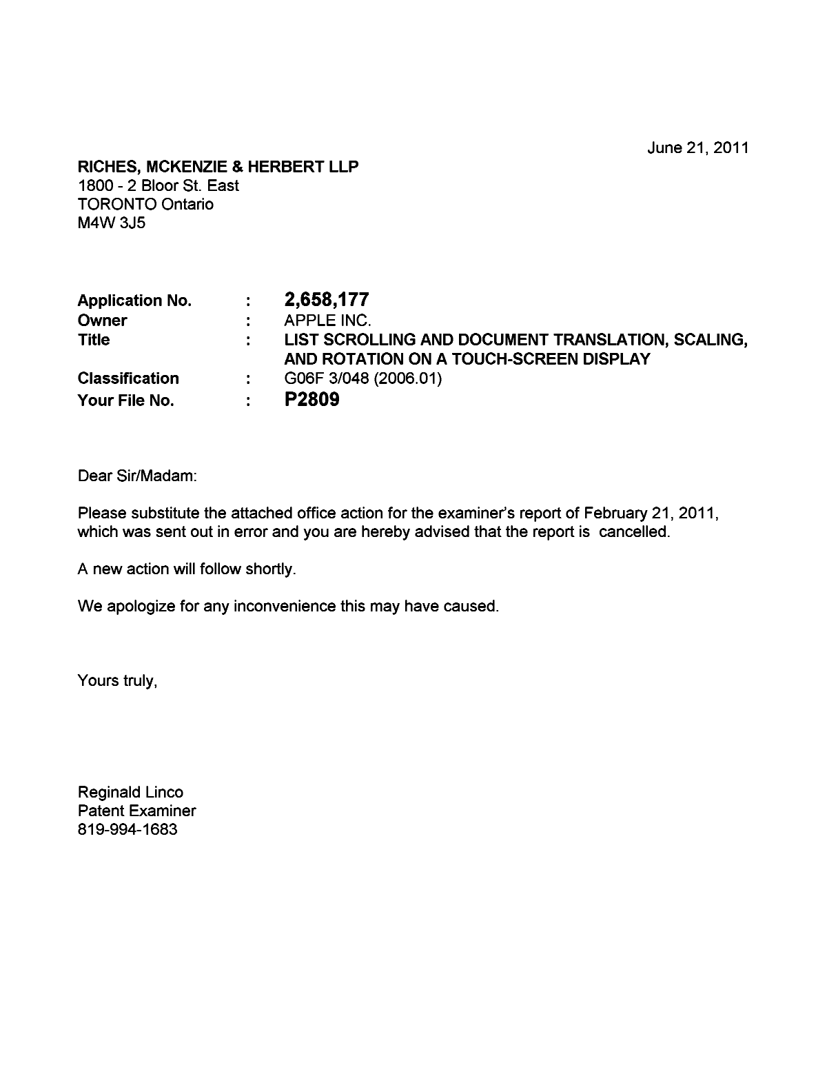 Canadian Patent Document 2658177. Correspondence 20110621. Image 1 of 1