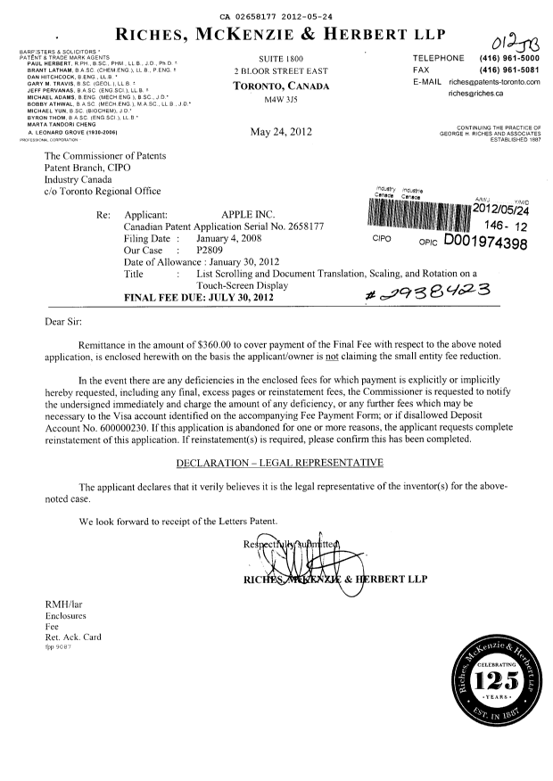 Document de brevet canadien 2658177. Correspondance 20120524. Image 1 de 1
