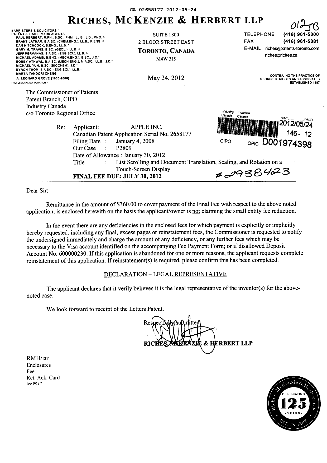Canadian Patent Document 2658177. Correspondence 20120524. Image 1 of 1