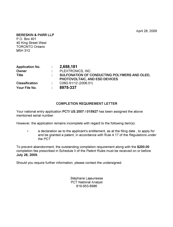 Document de brevet canadien 2658181. Correspondance 20090428. Image 1 de 1