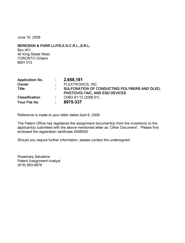 Document de brevet canadien 2658181. Correspondance 20090610. Image 1 de 1