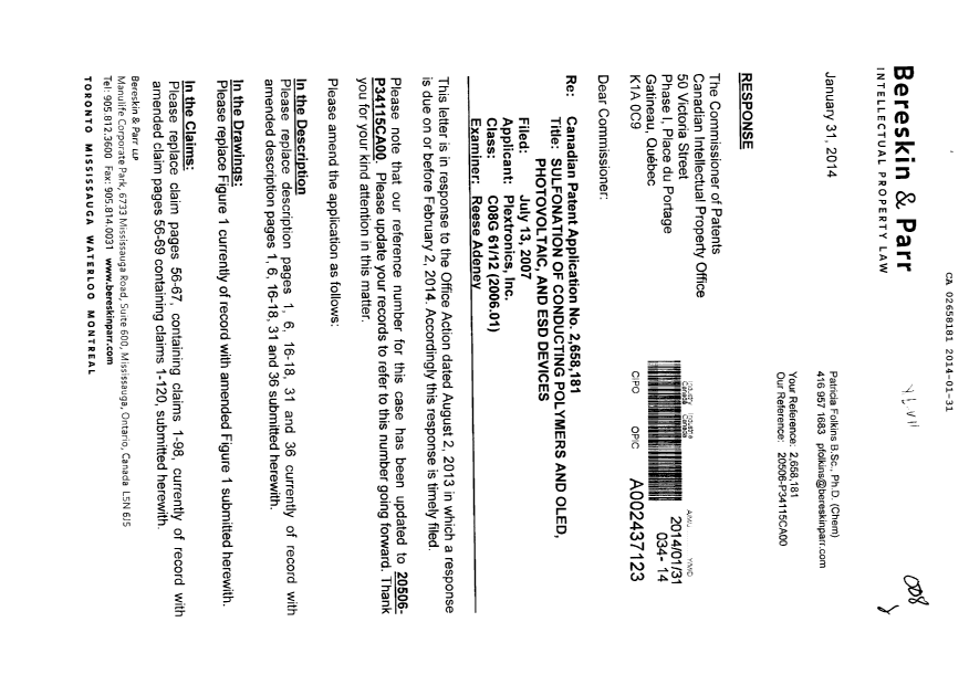 Canadian Patent Document 2658181. Prosecution-Amendment 20140131. Image 1 of 47