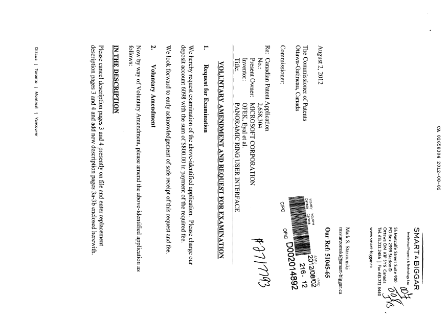 Document de brevet canadien 2658304. Poursuite-Amendment 20120802. Image 1 de 12