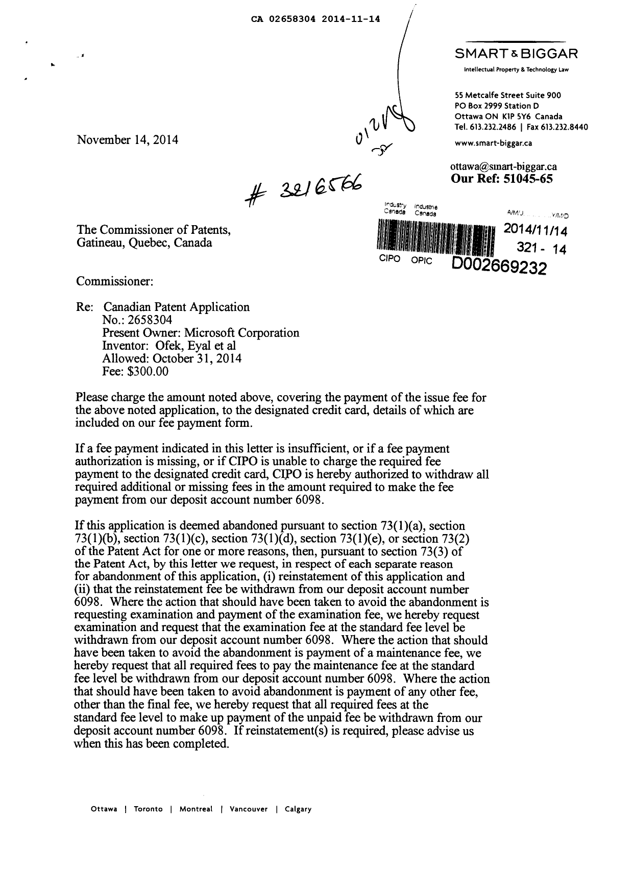 Document de brevet canadien 2658304. Correspondance 20141114. Image 1 de 2
