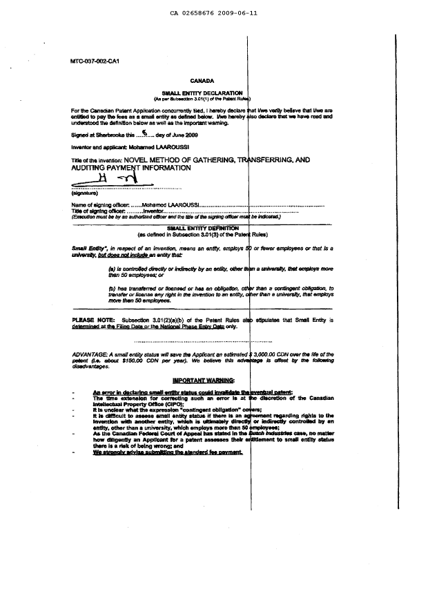 Canadian Patent Document 2658676. Assignment 20090305. Image 5 of 6