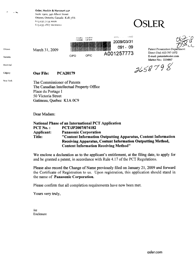 Document de brevet canadien 2658798. Correspondance 20090331. Image 1 de 2