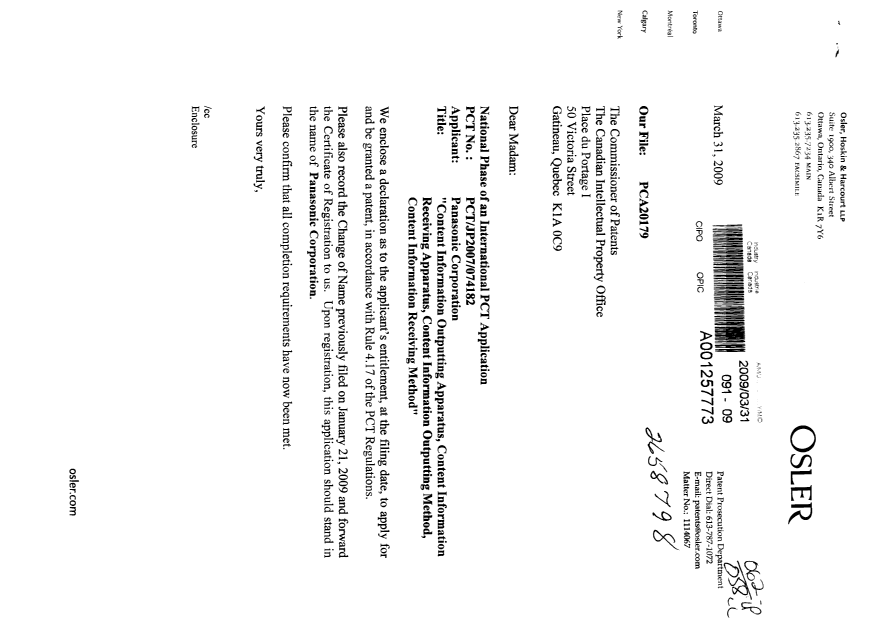 Document de brevet canadien 2658798. Correspondance 20090331. Image 1 de 2