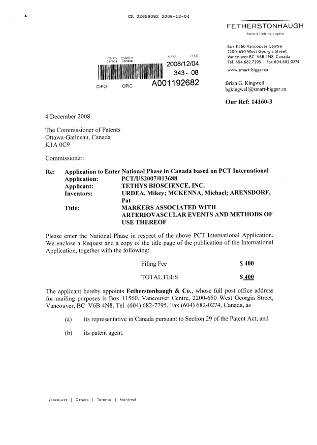 Document de brevet canadien 2659082. Cession 20081204. Image 1 de 4