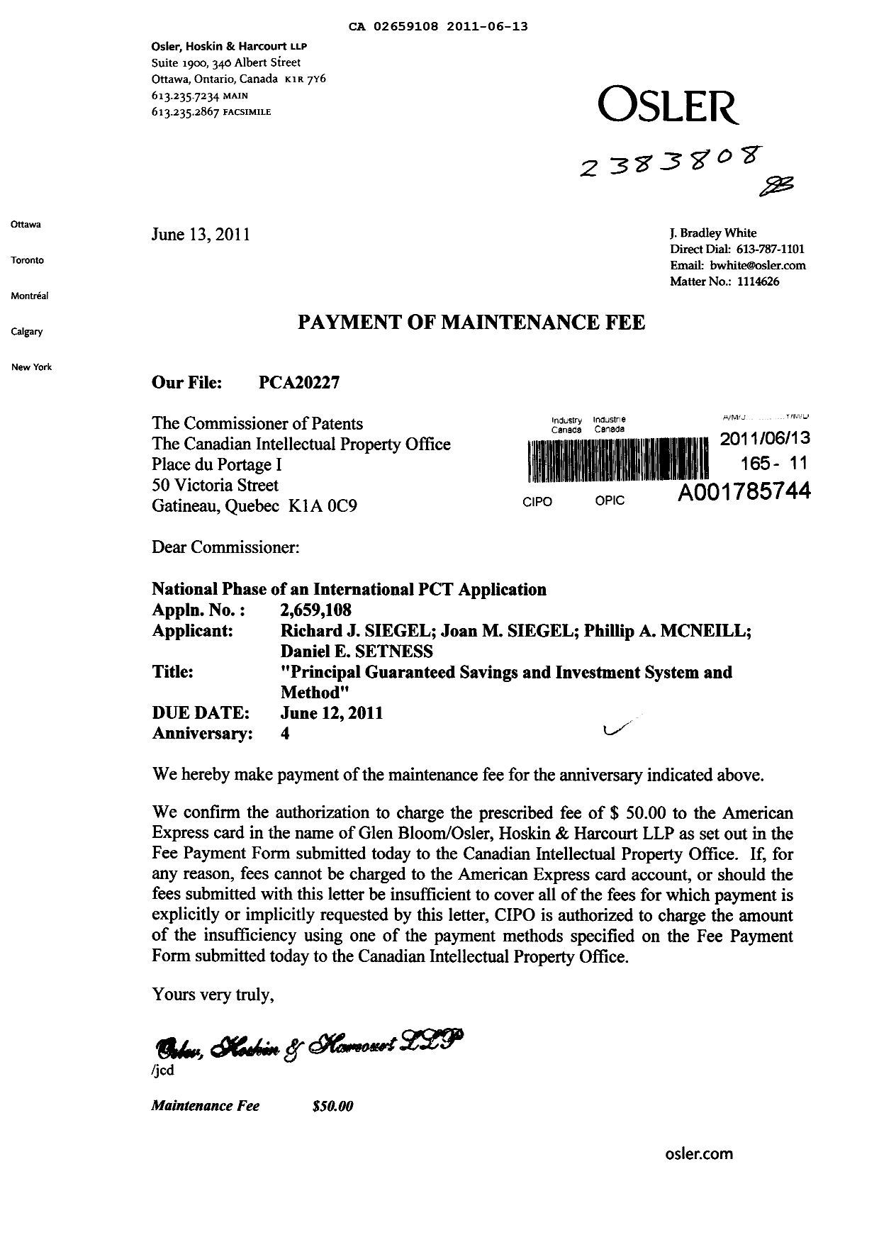 Document de brevet canadien 2659108. Taxes 20110613. Image 1 de 1